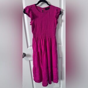 ZESICA bright pink boho midi dress, smocked bodice, and a tiered skirt sz. Med.